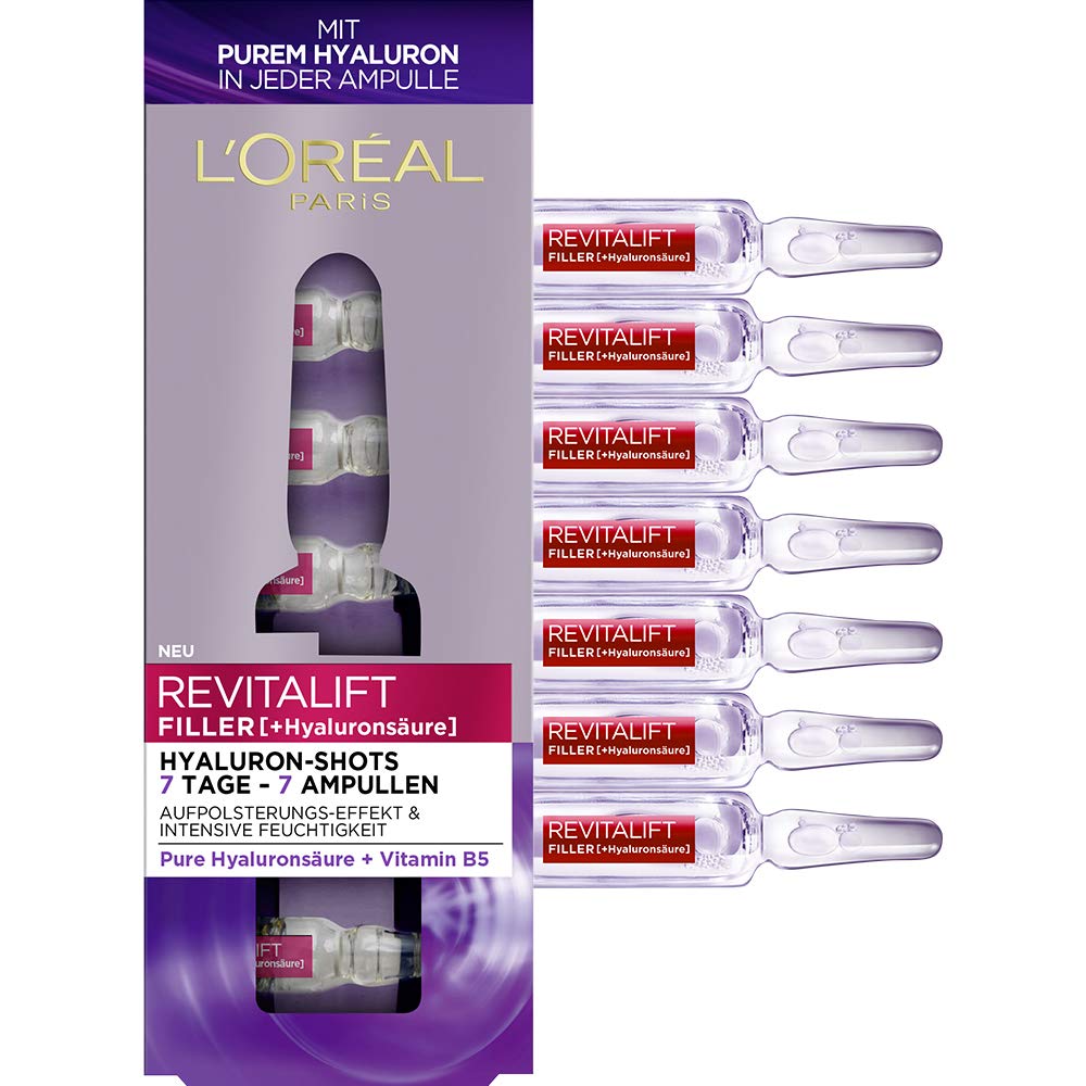 L'Oréal Paris Hyaluronic Ampoules, Revitalift Filler, Anti-Ageing Face Care, 7-Day Treatment, with Hyaluronic Acid, 7 x 1.3 ml