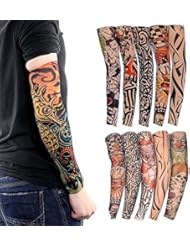 Tattoo Arm Sleeves, 10 Pack Cool Body Arts Fake Temporary Tattoo Cover Halloween Costume UV Sun Block Protection for Camping Hiking Exercise Sports Golf Riding Bike Outdoor,Random Color