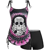 Rosegal Womens Plus Size Skull Rose Tie Dye Print Cinched Ruched Tie Boyshorts Tankini Swimsuit Set