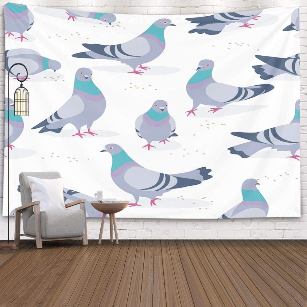 KIOAO 80x60 Inches Pattern Made Rock Doves White Bluish Pigeons in Motion Walking Eating Image Gray Birds Tapestry for Dorm Wall Hanging and Home Bedroom Living Room Art Bedspread InHouse,Yellow Green