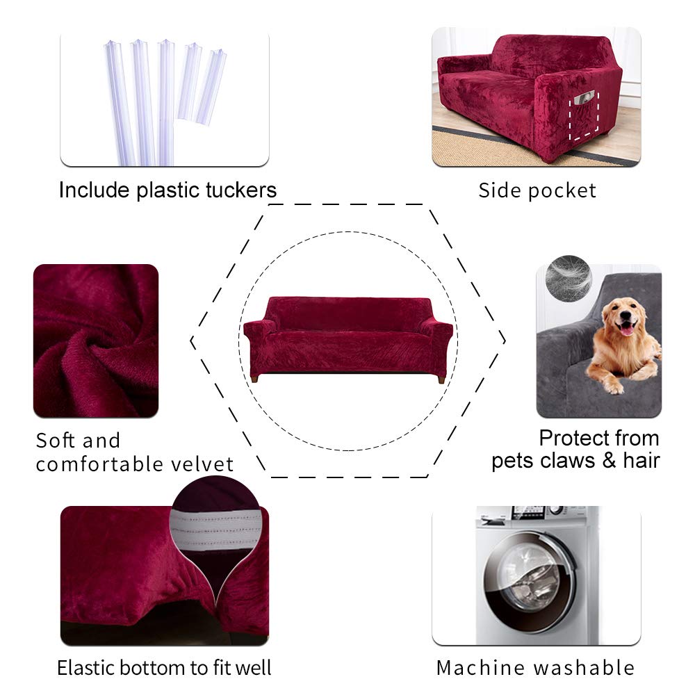 ACOMOPACK Velvet Sofa Cover Stretch Couch Cover for 3 Cushion Couch Cover Sofa Slipcover with Plastic Tuckers and Side Pocket for Living Room Furniture Protector for Dogs(Sofa, Wine red)