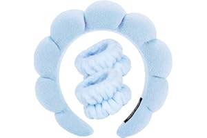 TETIZO Spa Headbands for Washing Face Wristband Set Sponge Makeup Skincare Headband Wrist Towels Bubble Soft Terry Towel Cloth Hairband for Women Puffy Headwear Non Slip Thick Thin Hair Headwear (Blue)