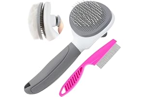 KALAMANDA Cat Brushes for Indoor Cats, Dog Brush for Shedding with Metal Cat Comb, Self Cleaning Pet Hair Brush with Release Button for Grooming Kitten(Grey)