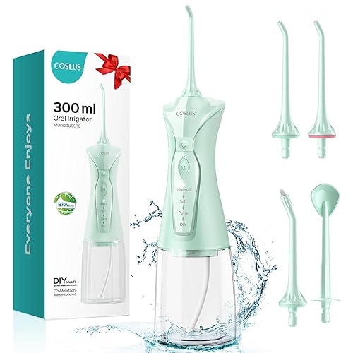 COSLUS Water Teeth Flosser Picks: 4 Modes Cordless Irrigator 300ML Portable Electric Flossing Machinerie for Teeth Cleaning Rechargeable Waterproof Tooth Pick Set Cleaner for Travel Home C30(FC5360)