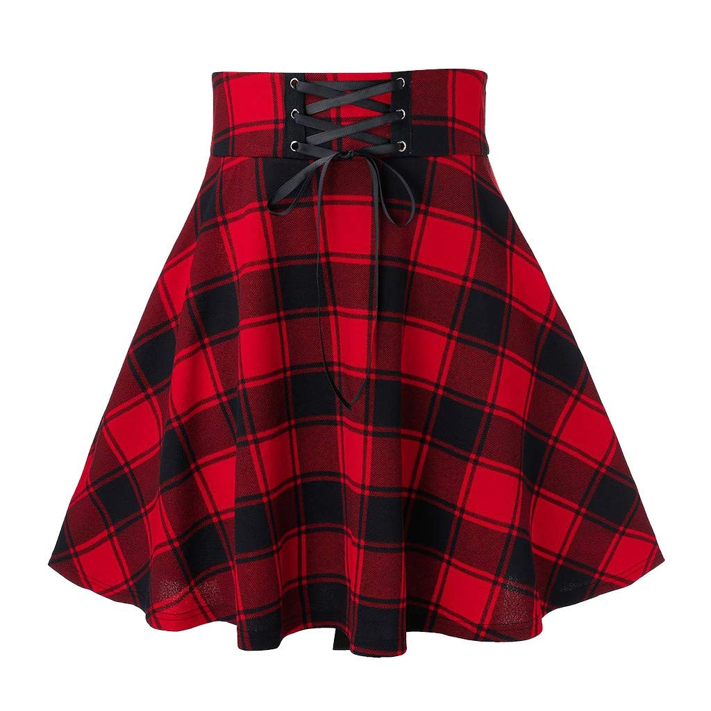jin＆Co Women's High Waist Drawstring Plaid Ruffle Versatile Pleated A Line Short Mini Skirt