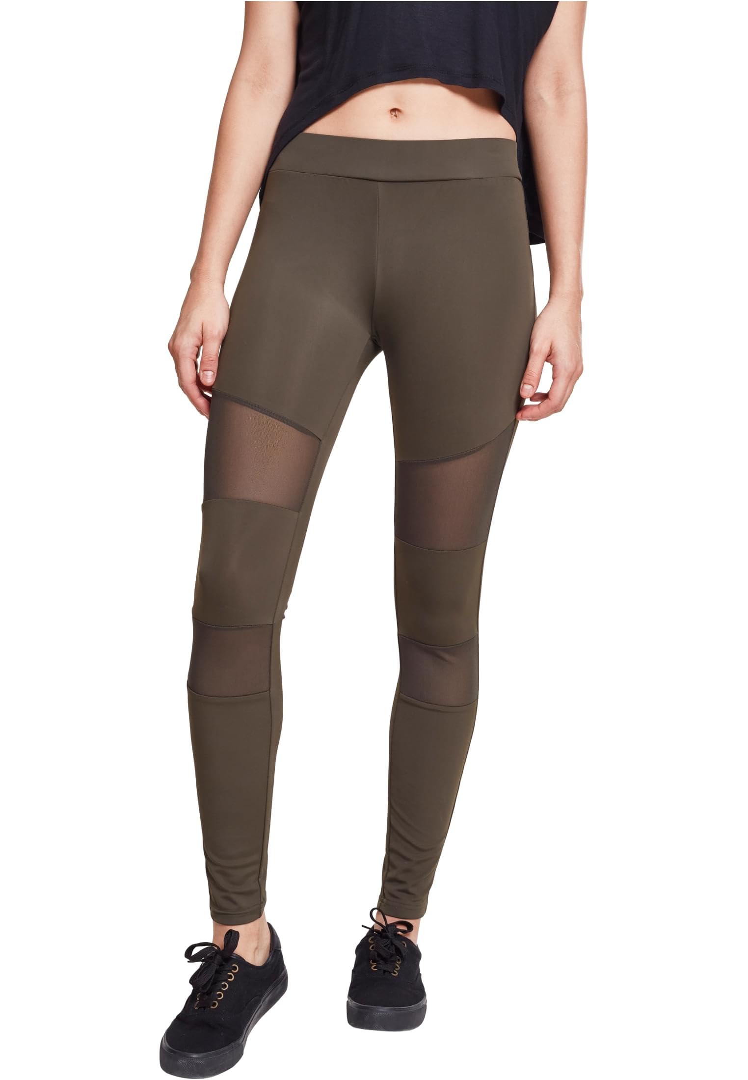 URBAN CLASSICS Tech Mesh Women's Leggings, High Waist Sport Leggings with Mesh Inserts, Stretchy Leggings with Regular Skinny Fit and Tapered Ankle, Colour: Dark Olive, Size: X-Small