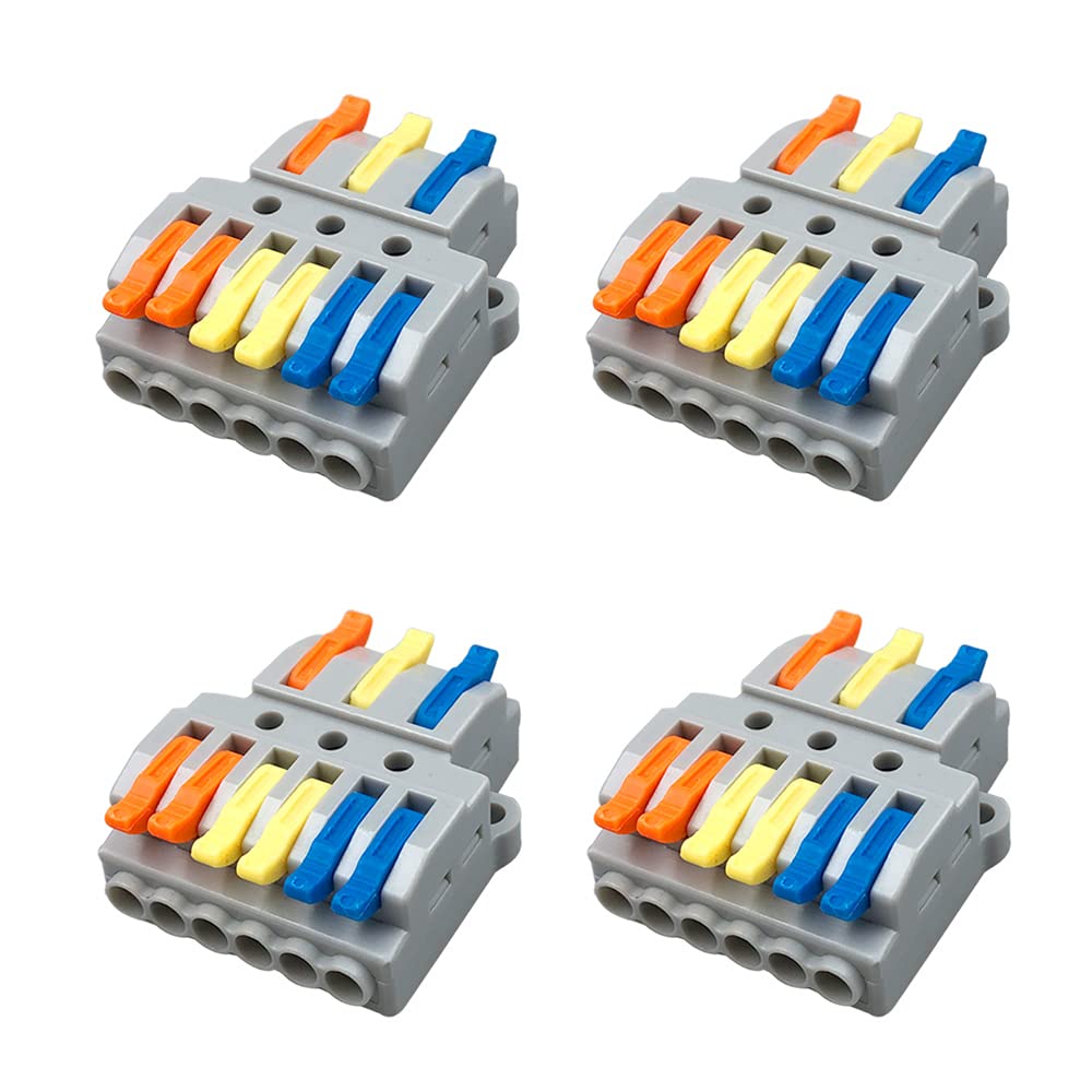 QitinDasen 4Pcs KV436 Lever-Nut Wire Connectors, 3 in 6 Out Conductor Compact Wire Connectors, Splicing Type Quick Conductors Cable Clamp Terminal Block Spring Connector