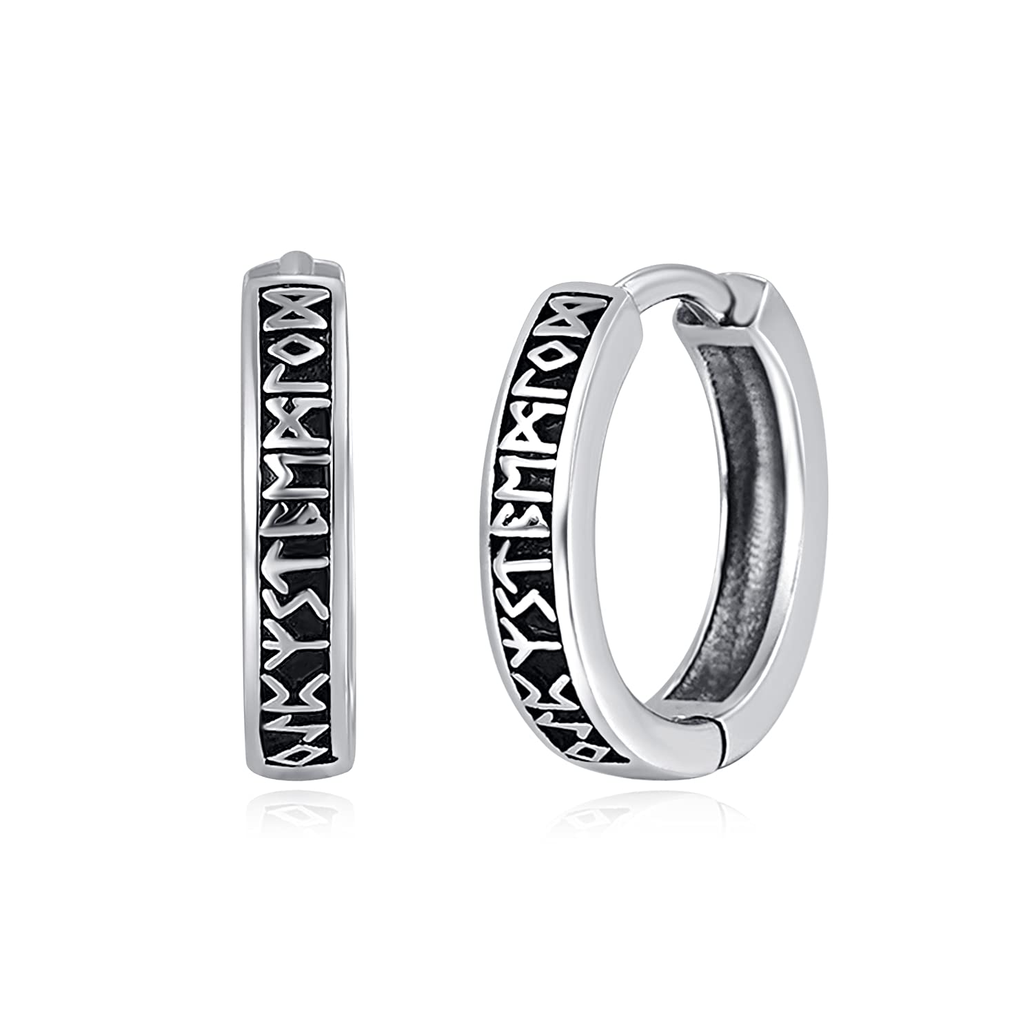 KINGWHYTE Hoop Earrings Men 925 Sterling Silver Viking Rune Black Earrings Sleeper Earrings Birthday Gifts for Men Women