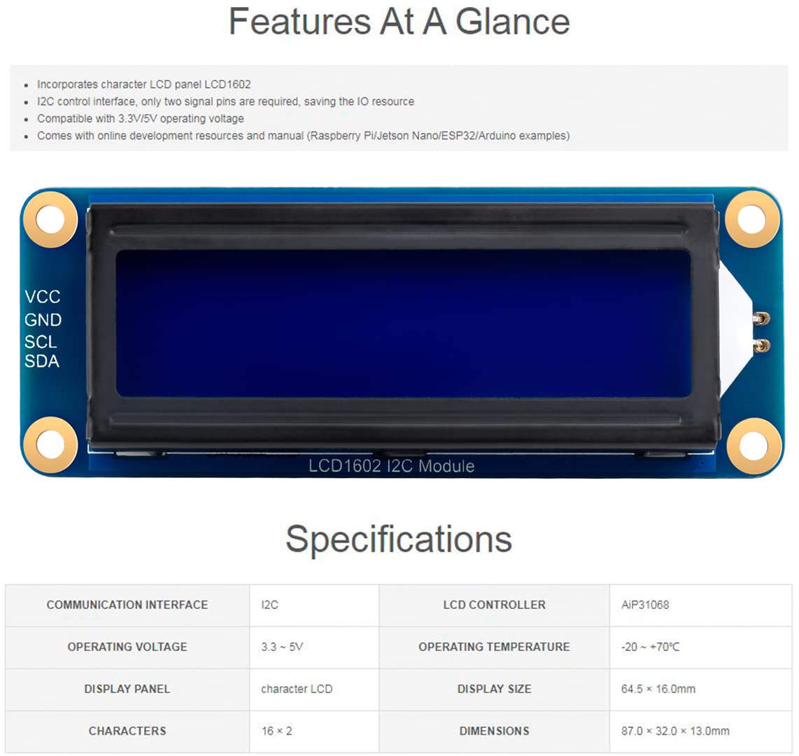 Mua waveshare AiP31068 LCD1602 I2C Module,16x2 Characters Display ...