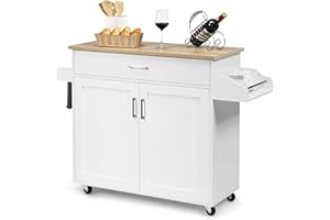 PETSITE Kitchen Island Cart with Storage Cabinet on Wheels, Spice Rack Towel Rack & Drawer (White)