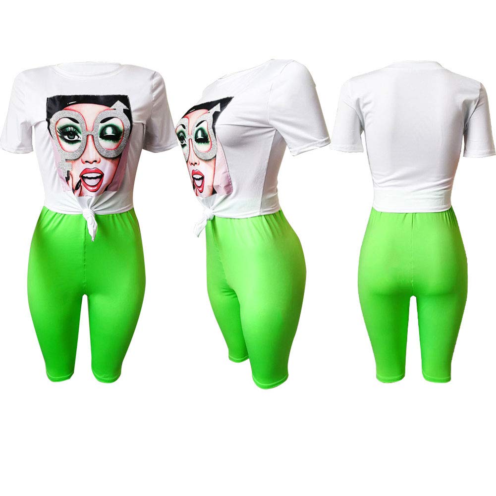 Womens 2 Piece Outfits Short Sleeve Crop Top - Unique Drilling Print Pants Set Green