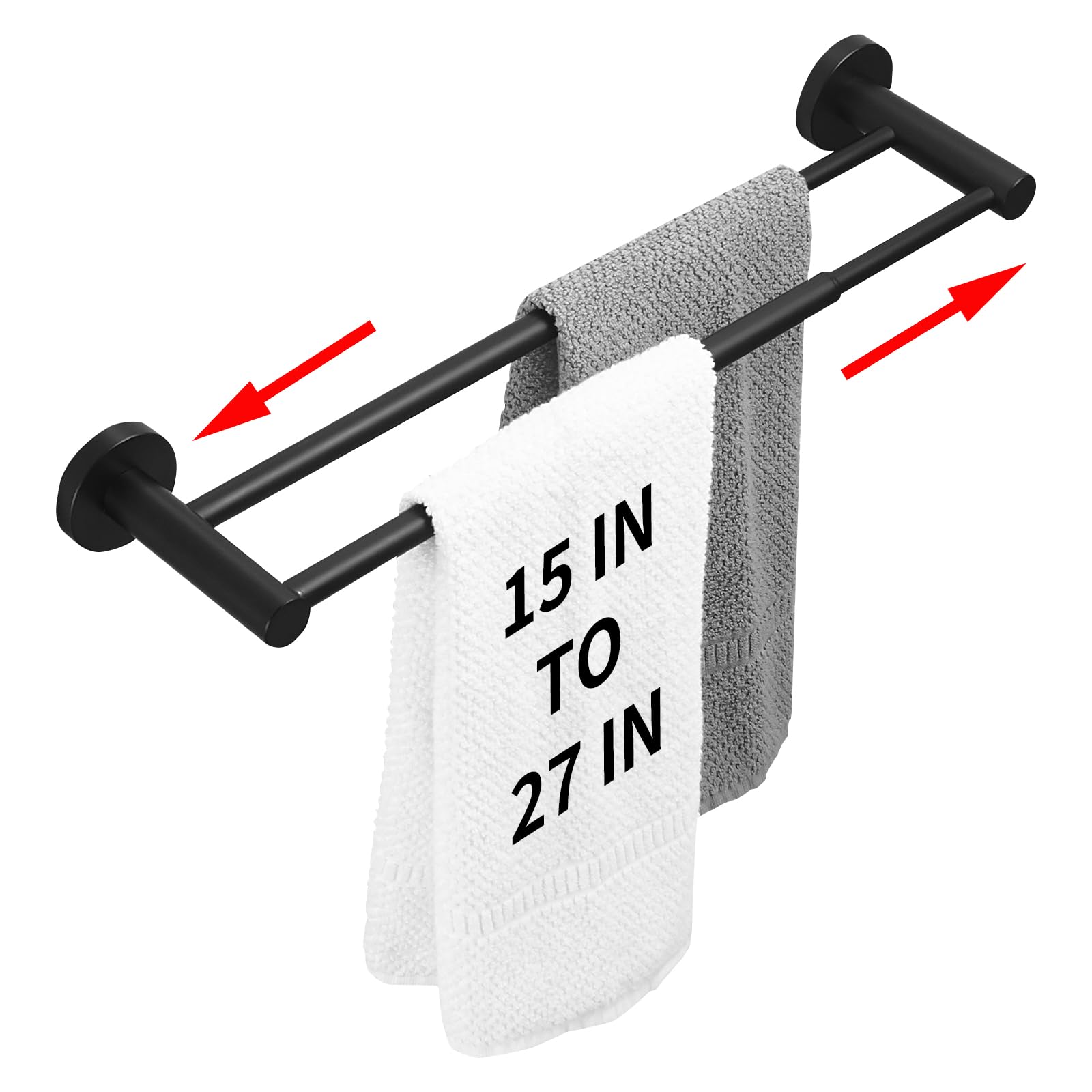 Photo 1 of RUMOSE Adjustable Double Bath Towel Bar 15 to 27 Inch Matte Black Retractable Tower Holder Hanger Stainless Steel Expandable Dual Bathroom Tower Racks Bathroom Accessories, Wall Mounted