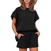 Tankaneo Womens 2 Piece Short Sets Outfits Summer Matching Lounge Set Casual Short Sleeve Tops and Shorts Pajama Set