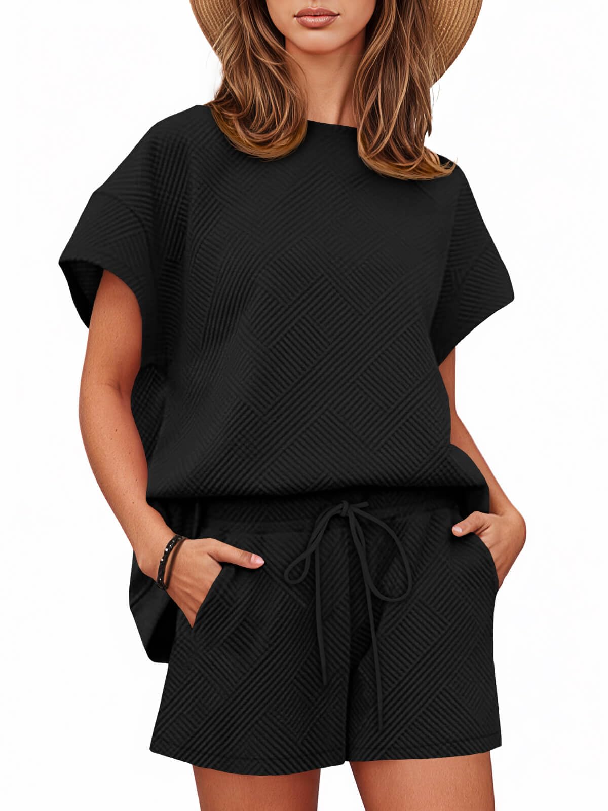 Photo 1 of Tankaneo Womens Loungewear Set Short Sleeve Tops and Shorts 2 Piece Outfits Matching Lounge Pajama Set with Pockets Black