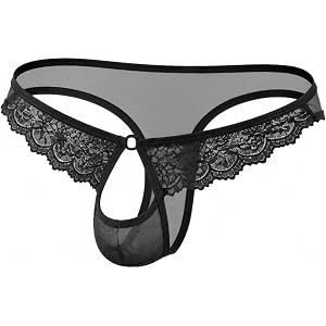 Egrodia Men's Sissy Lingerie Open Front Low Rise Thong Soft Lace See Through G-string Male Extreme Bikini Panties 2-Pack
