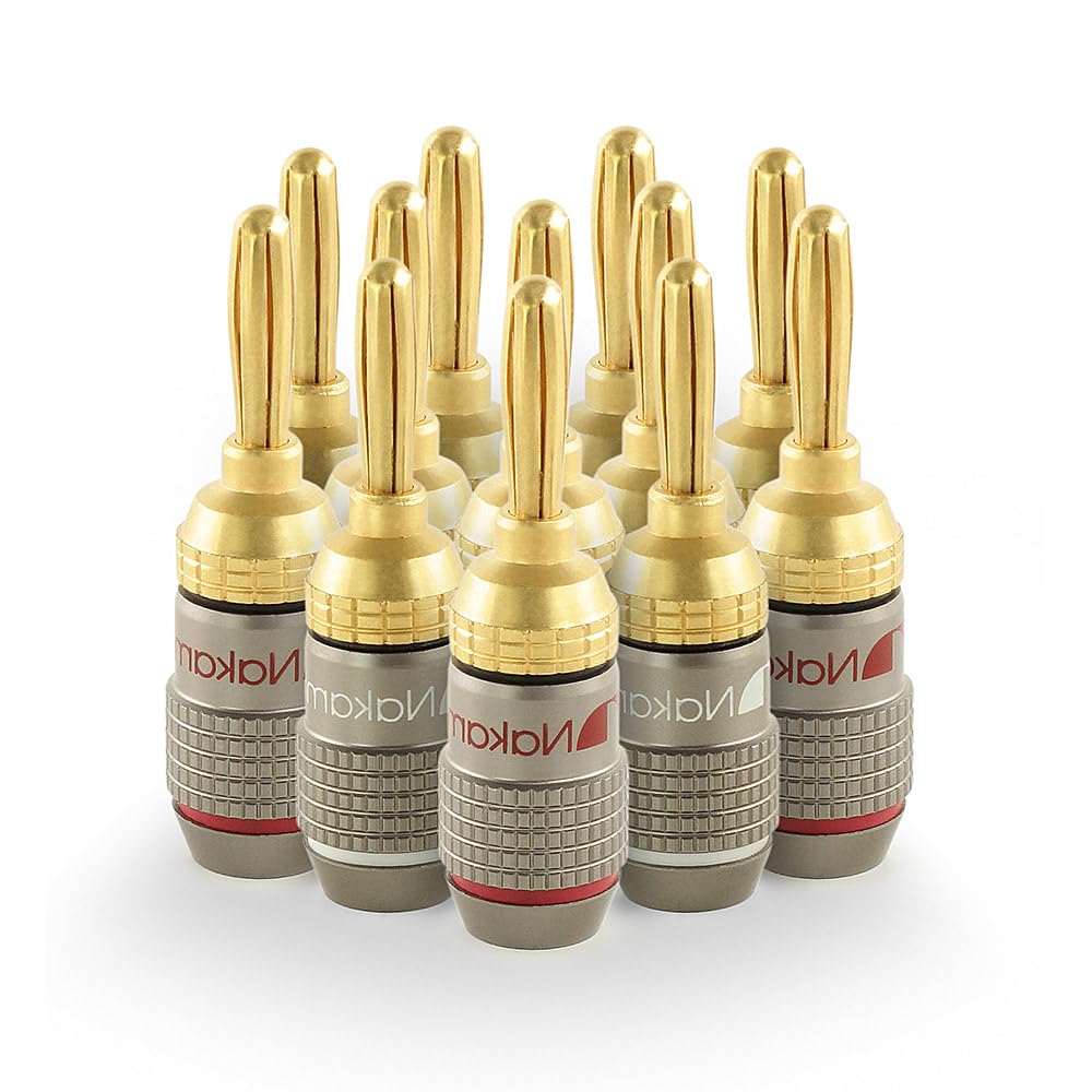 Nakamichi FanLock Excel Series 24k Gold Plated Banana Plug 10 AWG - 18 AWG Gauge Size 4mm for Speakers Amplifier Hi-Fi Stereo Home Theatre Radio Audio Wire Cable Quick Connector 12 Pcs (6-Pairs)