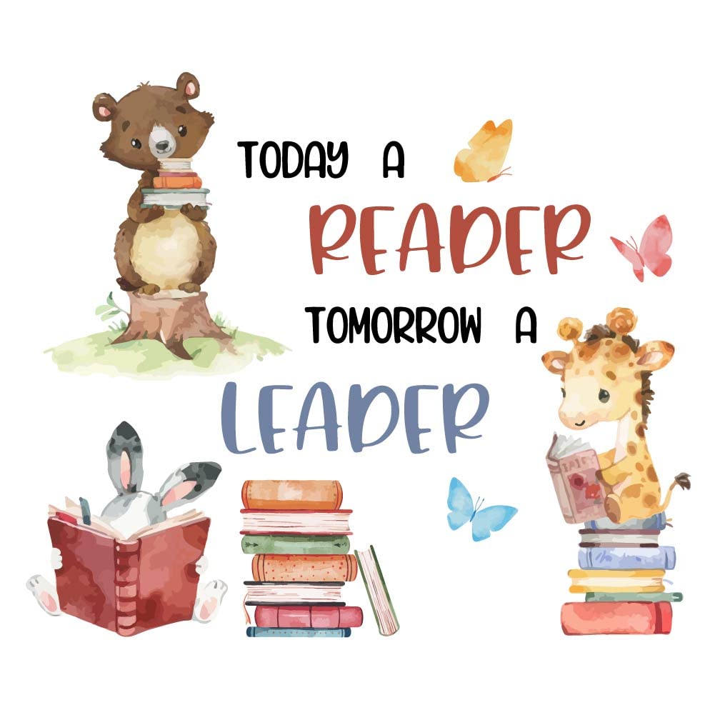 SUPERDANT Reading Wall Decal Animals Reading Positive Quote Wall Stickers Today a Reader Tomorrow a Leader Art Decoration Vinyl Wall Decals Large for Reading Room Classroom Library Back to School — image 1