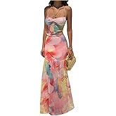 OYOANGLE Women's Floral Sleeveless Halter Maxi Dress Tie Backless Ruched Boho Beach Wedding Guest Dress