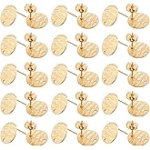 DICOSMETIC 50Pcs Flat Round Stud Earring Findings Textured Blank Earrings Post with Loop Stainless Steel Stud Earring Findings Real 18K Gold Plated Disc Charms Earrings for DIY Jewelry Craft Making
