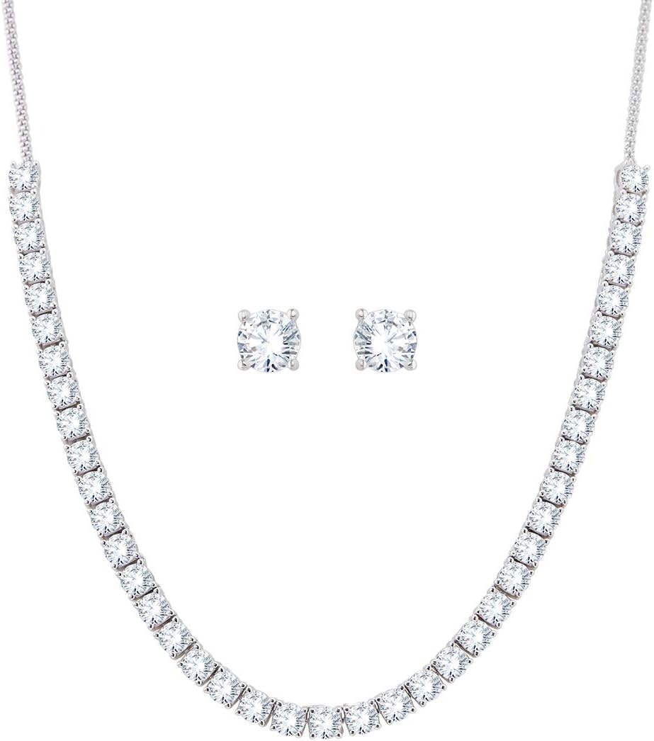 White 92.5 Sterling Silver Square Design Cubic Zirconia Solitaire Necklace Set Earrings for Women