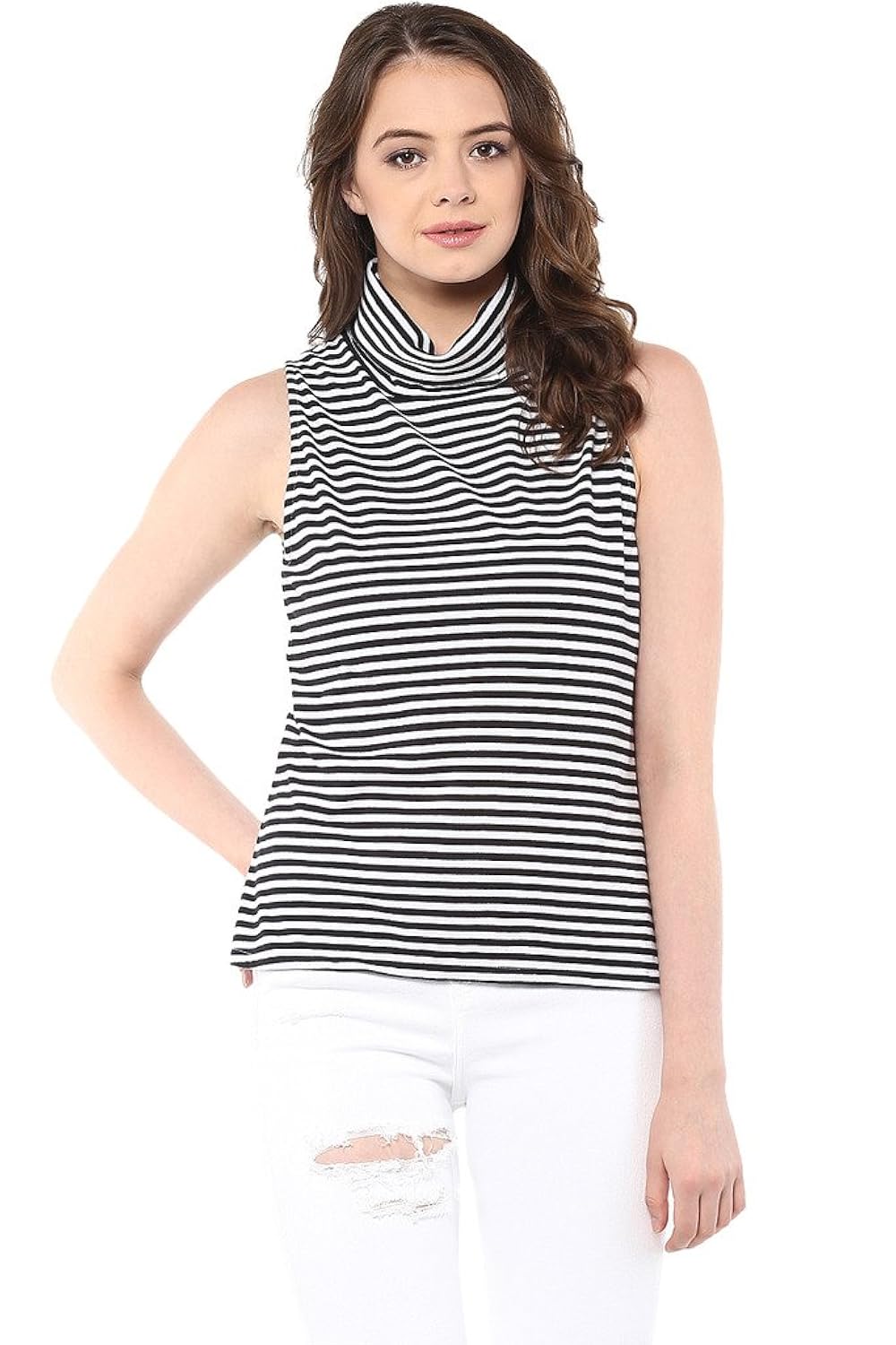 miss chase women's cotton sleeveless high neck top (black and white)