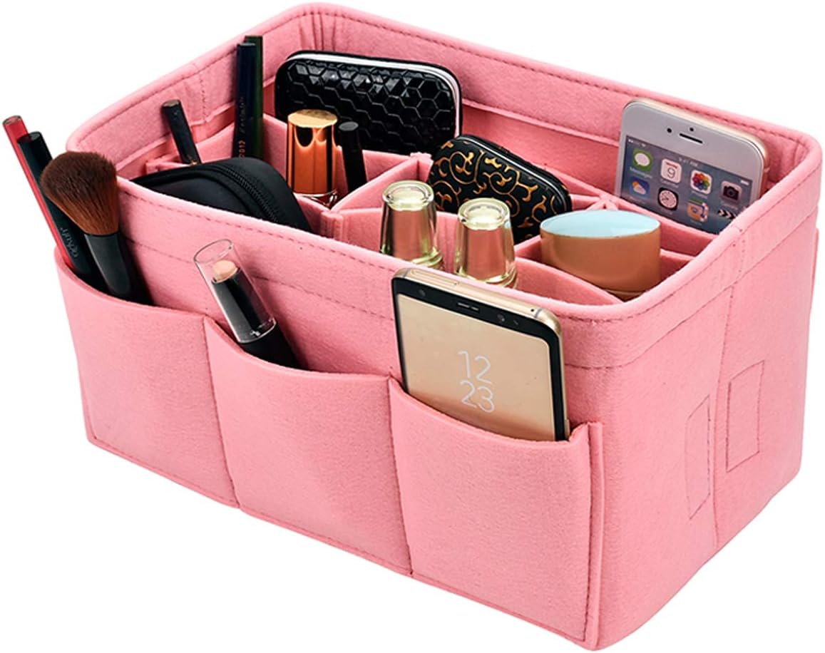 Kumako handbag organizer,Felt purse insert bag organizer fit LV neverful,Speedy,Longchamp&Tote Bag(L, Pink)