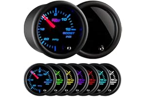 GlowShift Tinted 7 Color 15 PSI Turbo Boost/Vacuum Gauge Kit - Includes Mechanical Hose, T-Fitting & Wiring - Multi-Color Dis