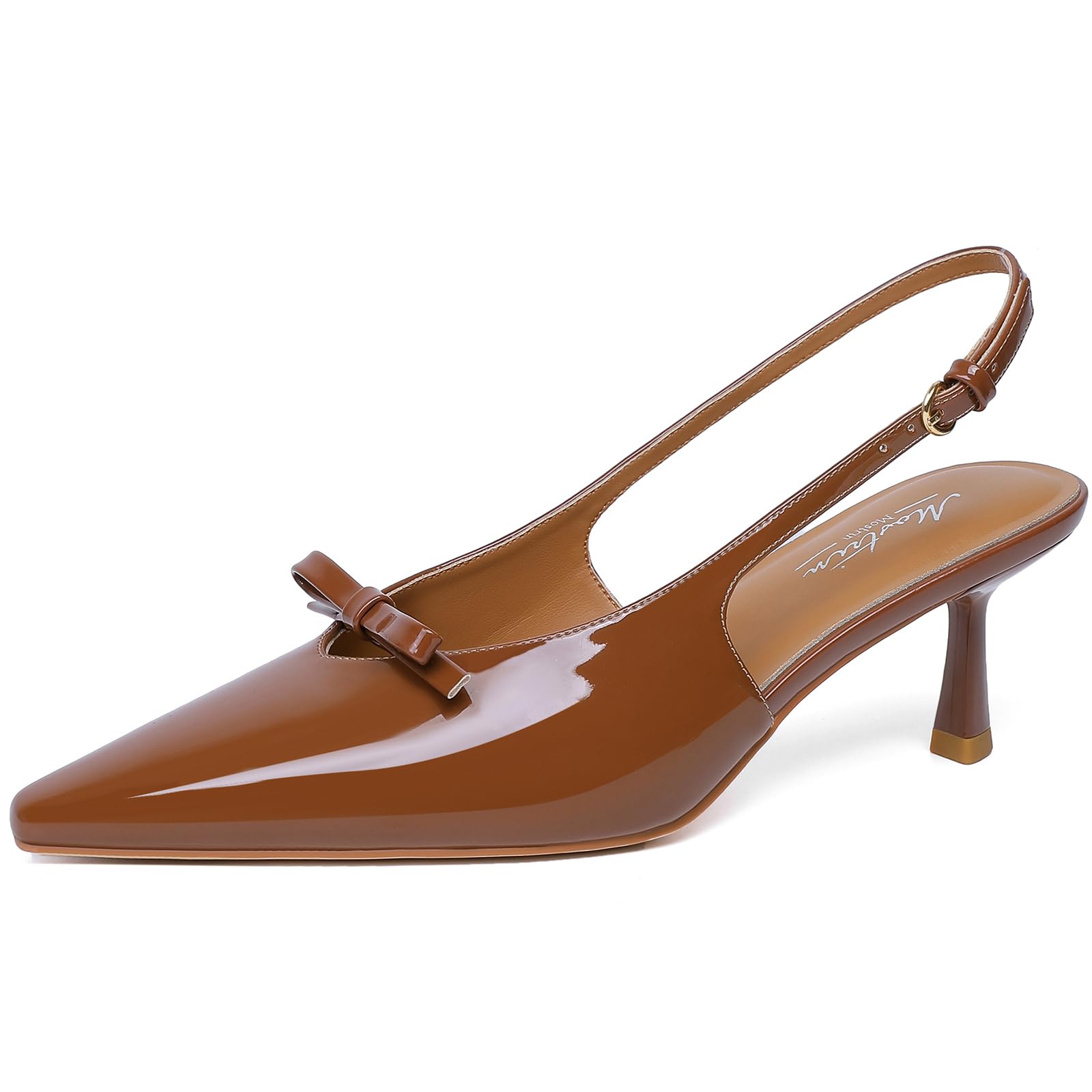 Mostrin Brown Kitten Heels for Women Pointed Closed Toe Stilettos Slingback Low Heel Bow Pumps Dress Shoes for Daily Party Wedding Size 10 Image