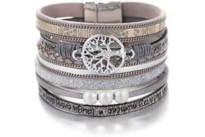 KSQS Tree of Life Leather Multi-Layer Wraps Bracelet,Boho Wide Buckle Wristband Bangle,Braided Cuff Bracelets for Women