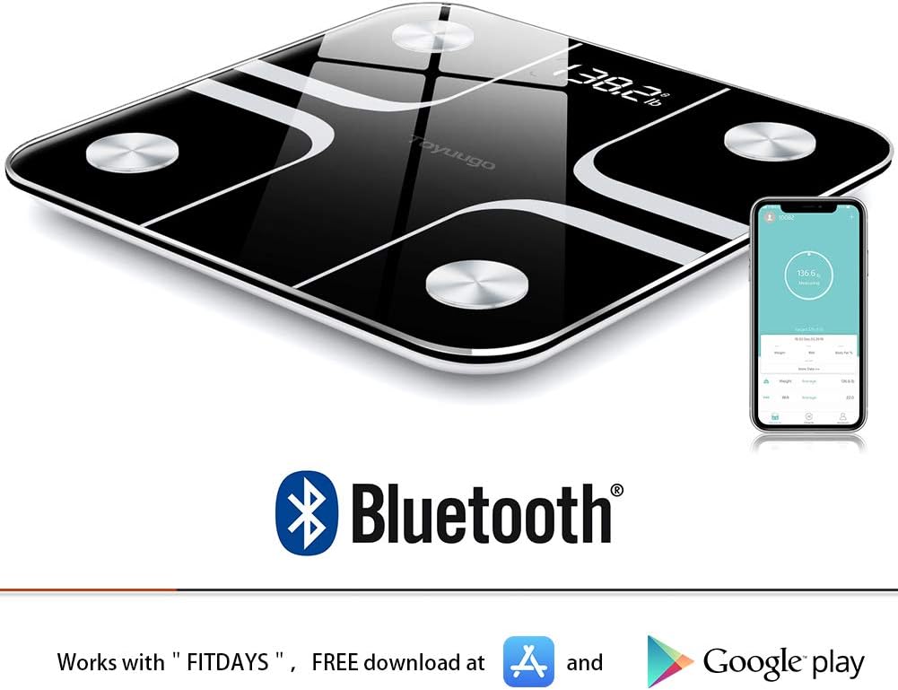 Toyuugo Bluetooth Body Fat Bathroom Scale,Scales Digital Weight,Weight Scale,Body Composition Analyzer Wireless BMI with Smart Phone App Scales,396 Pounds / 180kg Max (Black): Home & Kitchen