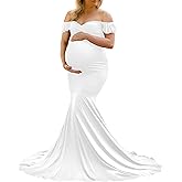 Saslax Off Shoulder Ruffle Sleeves Elegant Fitted Maxi Maternity Dress for Photoshoot Baby Shower