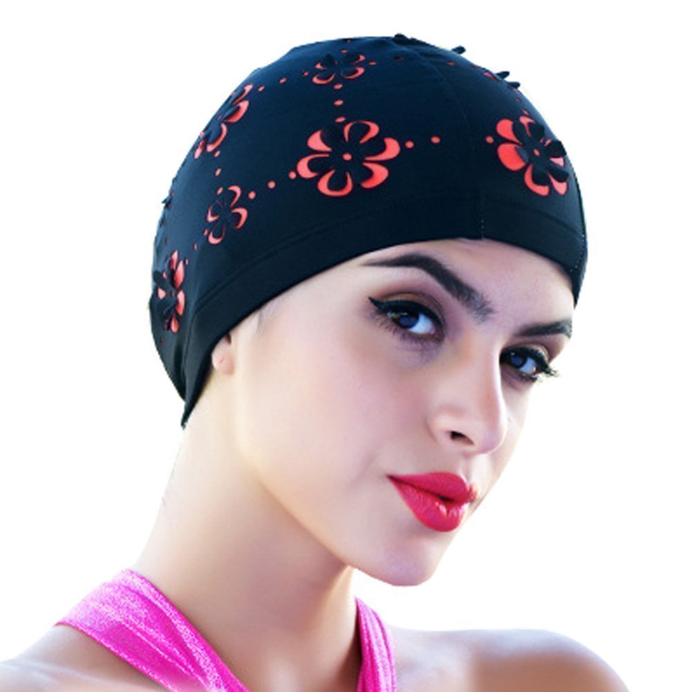 Medifier Hollow out Flowers Swim Bathing Cap for Short and Long Hair Swimming Hat (Black)