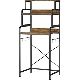 MILEFA 4-Tier Kitchen Storage Rack with Mini Fridge Stand, Microwave Stand with Storage, Coffee Bar Organizer with Side Hooks, Freestanding Appliance Shelf for Dorm Room Apartment Office, Rustic Brown