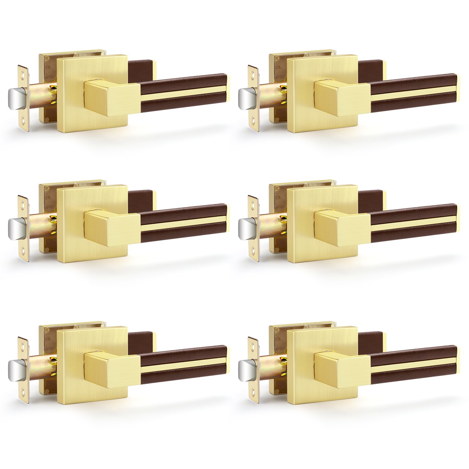 Photo 1 of EHOMEWARE 6 Pack Passage Lever Door Handle, Gold Door Levers with Bronze Leather, Keyless Brass Interior Door Handles for Closet Keyless Indoor Door Locks