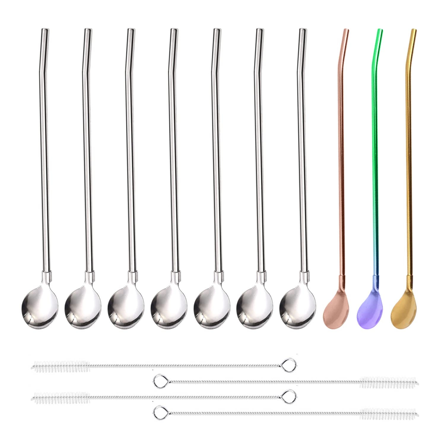 Pack of 10 Colored Straw Spoon 2 in 1 Stainless Steel Straw Spoon with Dual Use Bar, Juice, Shake, Smoothie, Coffee, Reusable, with 4 Cleaning Brushes