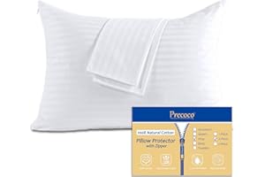 PRECOCO 100% Cotton King Pillow Protectors with Zipper, White Pillow Cases King Size Set of 2 for Home & Hotel, Sateen Soft Cooling Hidden Zippered Pillow Case Protector for Hair & Skin, 20x36 in