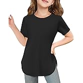 Haloumoning Girls Summer Short Sleeve Shirt Kids Crewneck Curve Hem Soft Tunic Tops T-Shirts 5-14 Years