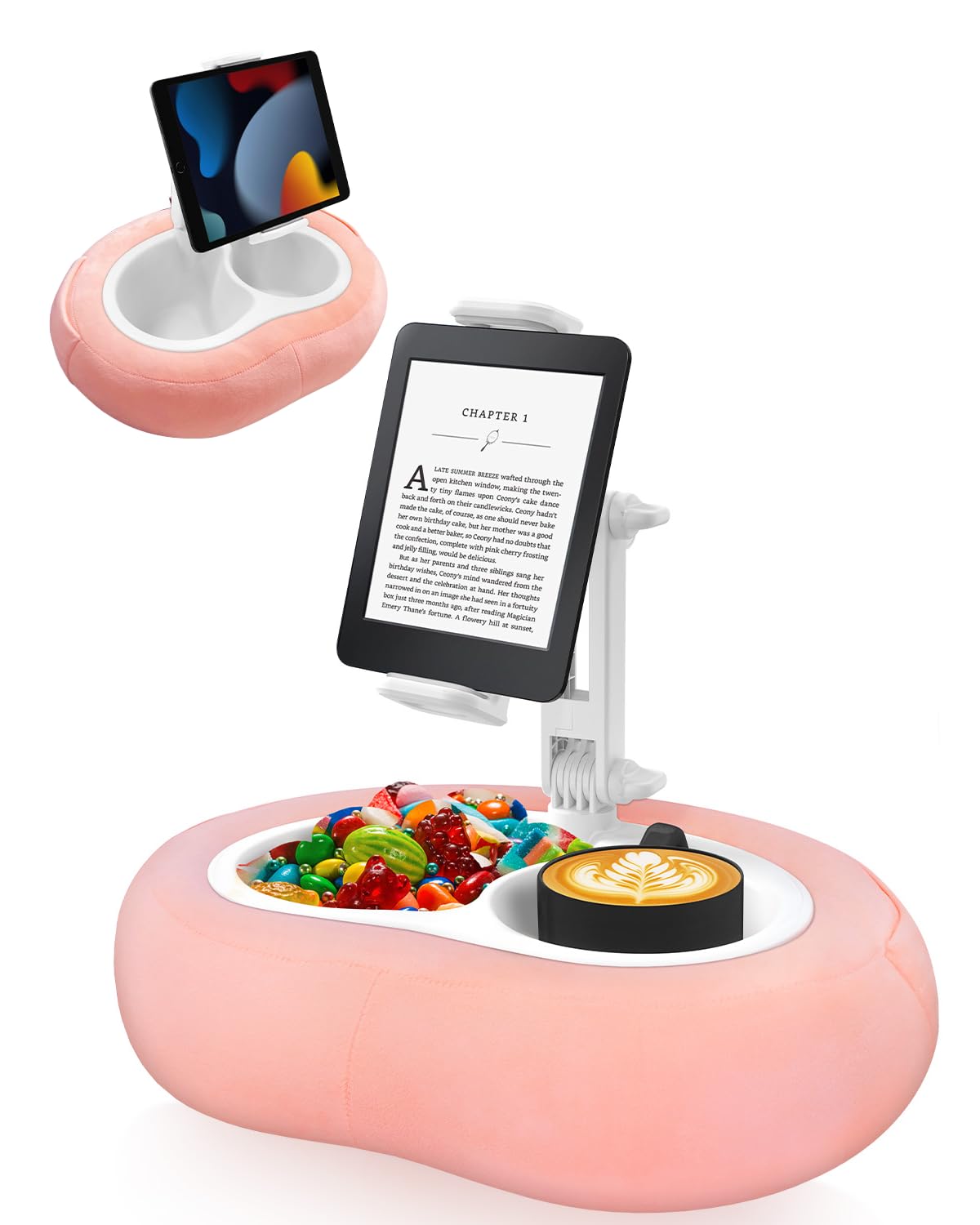 Photo 1 of Tablet Pillow Stand, Compatible with 5"-12.9" Kindle, iPad, Phone/Tablet, Google, Samsung, 360° Rotating Phone Holder for Bed, Soft Plush Fabric, Detachable Bowl, Reading and Relaxation on Bed, Pink