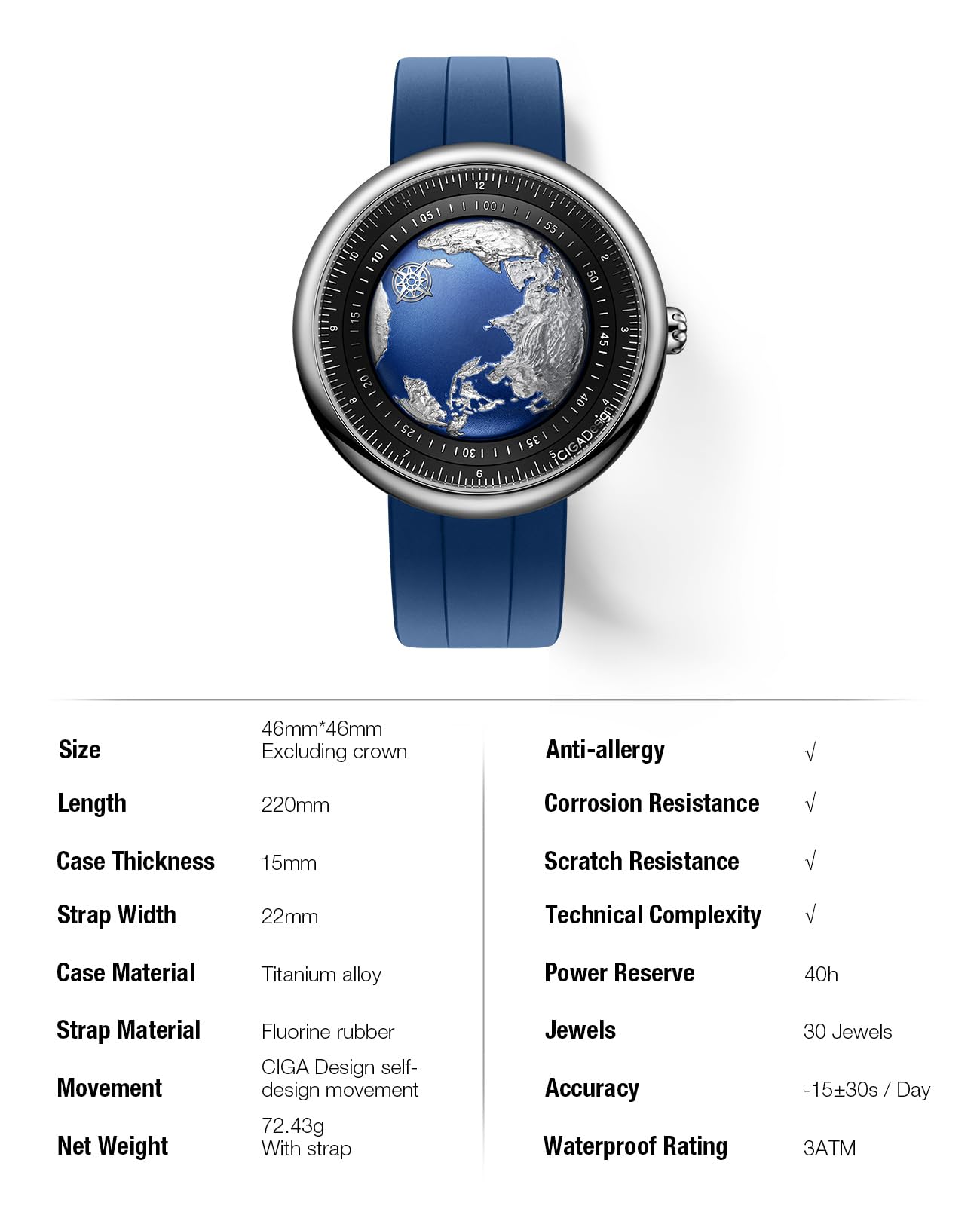 CIGA Design Mechanical Automatic Watch Blue Planet U Series Titanium Case Sapphire Crystal Fluororubber Strap Watches for Men and Women