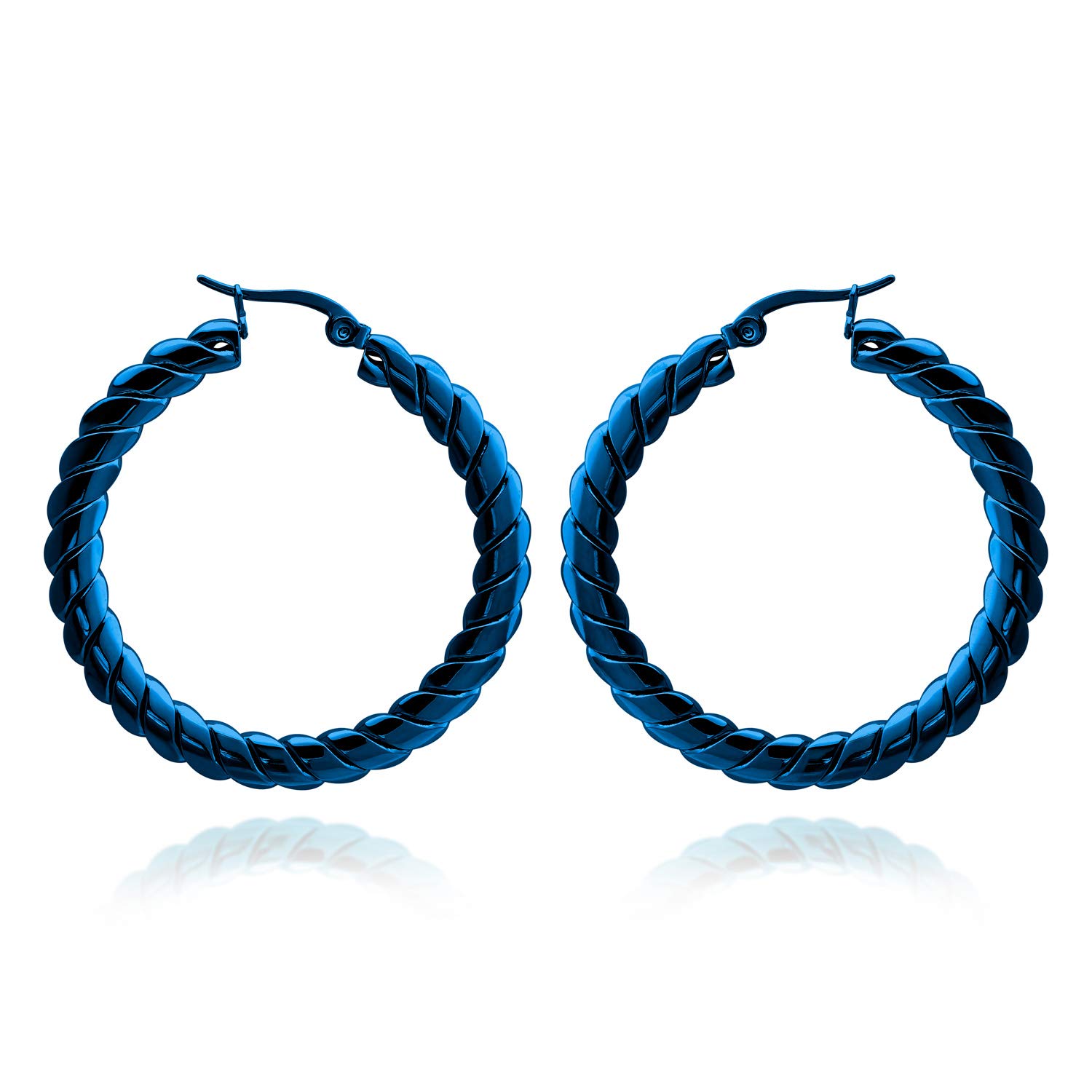 555Jewelry Stainless Steel Hoop Earrings, Large Round Circle Woven Pattern Surgical Steel Hoop Earrings, Hoops Earrings for Women, Nickel Free Earrings for Women Hoops, Blue
