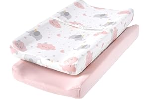 TILLYOU Changing Pad Cover Set in Soft Jersey Material - Fits 32"/34''x16 Contoured Pad for Babies,Elephant & Cloud, Pink
