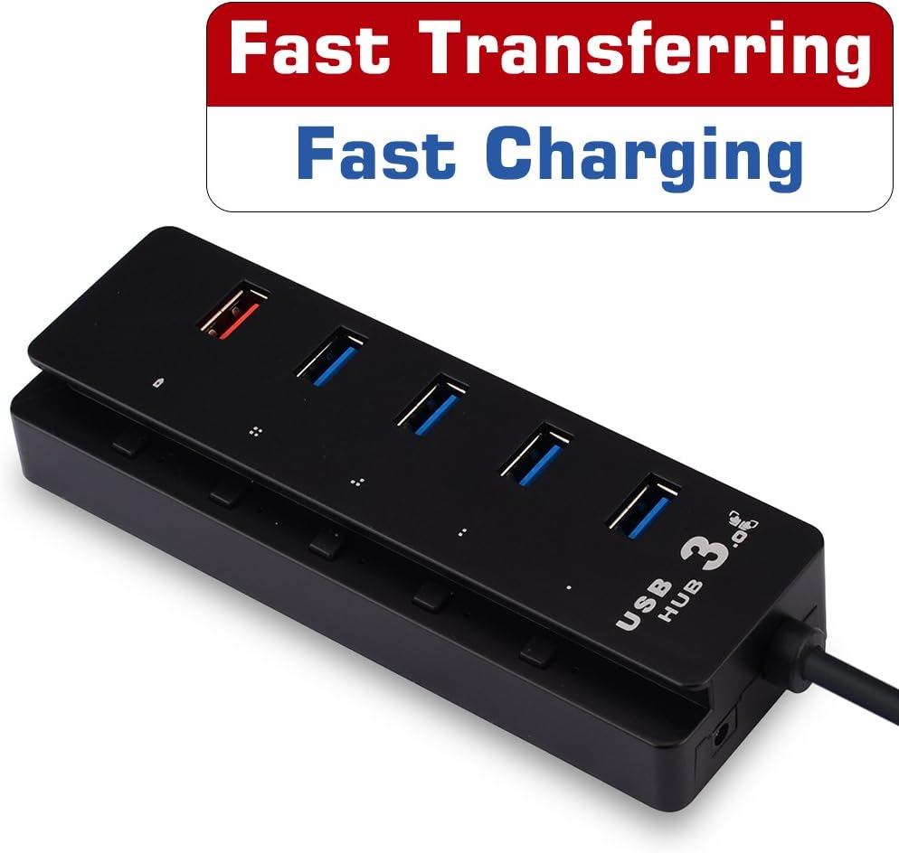 High Speed USB 3.0 4-port Portable Hub with Individual Power Switches and Blue LEDs 5v 2a Smart Charging Power Adapter for Android/Apple Ios/Windows Mobile Devices