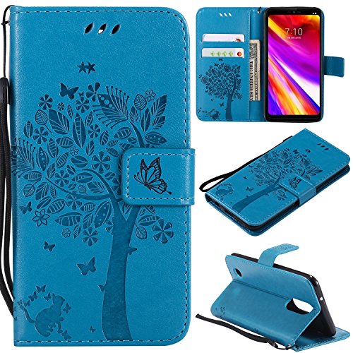 NOMO LG Aristo Case, LG Phoenix 3 Wallet Case,LG Fortune/K8 2017/LG Risio 2/LG Rebel 2 LTE Flip Case PU Leather Emboss Tree Cat Flowers Folio Magnetic Kickstand Cover with Card Slots for LG LV3 Blue