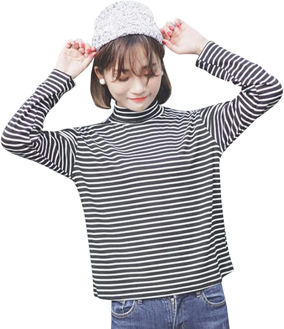 Amazon Feellway レディース カットソー 長袖 薄手 スリム ストライプ Tシャツ トップス 襟付き 春秋 韓国 通学 ファッション C0564 Tシャツ カットソー 通販