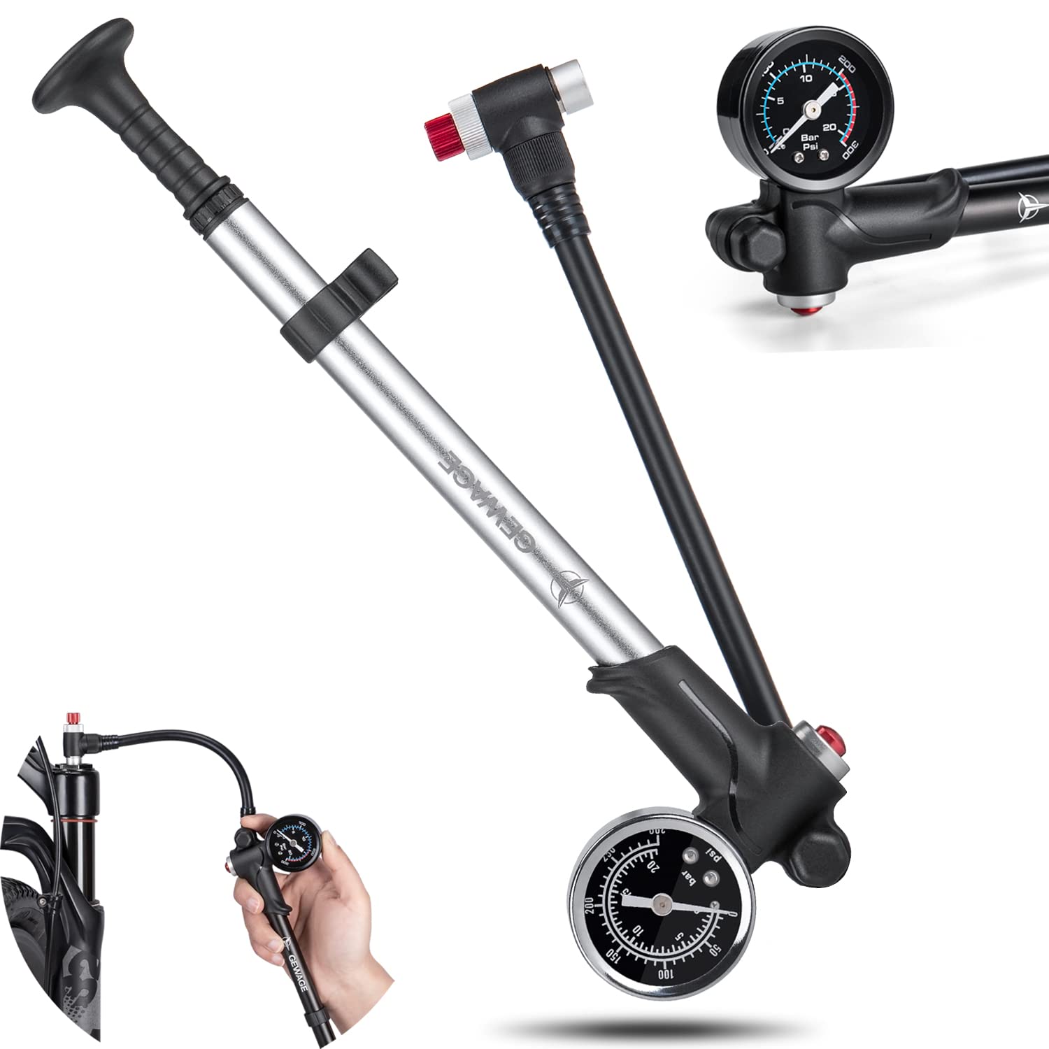 GEWAGE High Pressure Shock Pump (Max 300 PSI), 2-in-1 Bicycle Fork Pump/Bicycle Tyre Pump for MTB, Road Bike Fork and Rear Suspension, Portable Mini Pump with Bleed Button (Sliver)