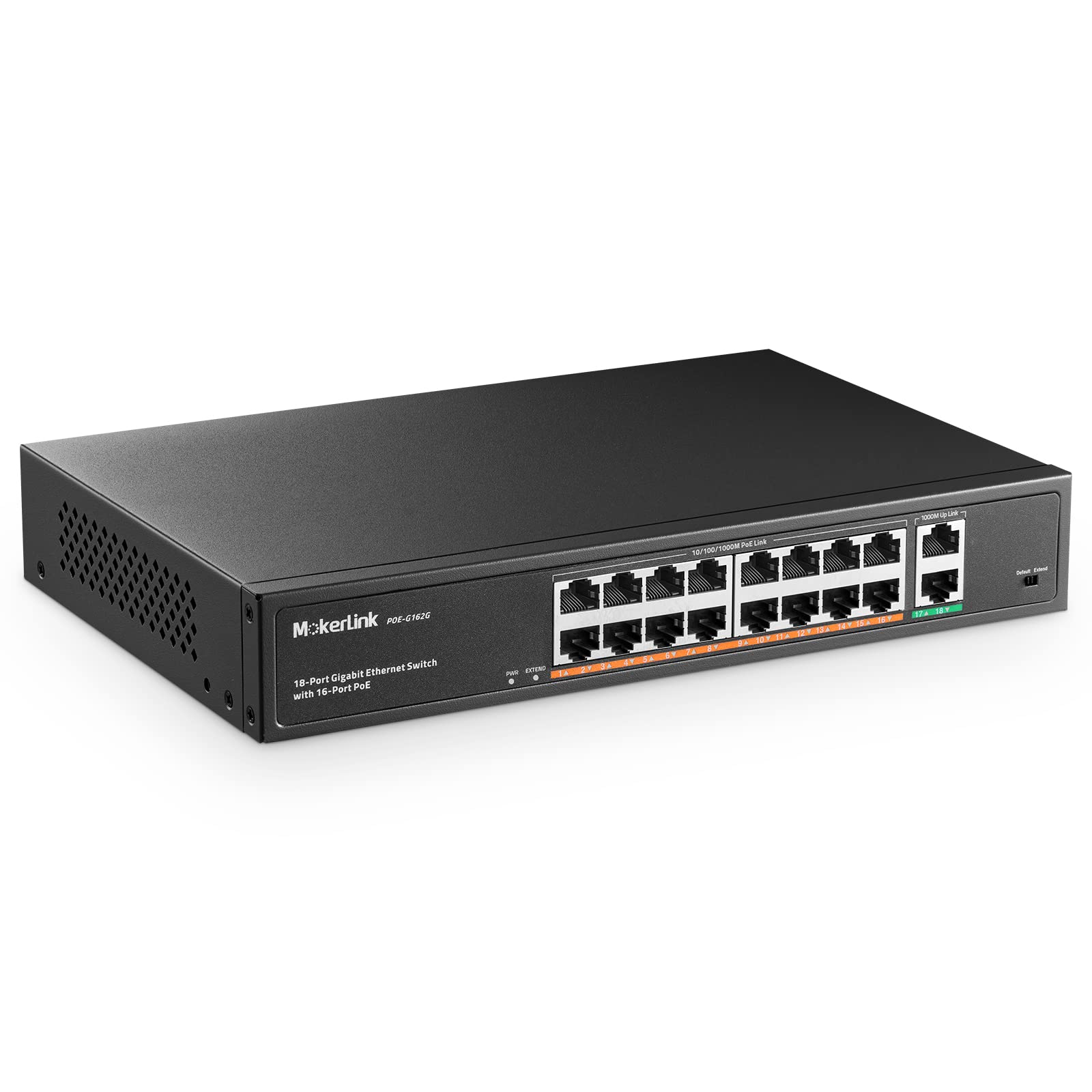 MokerLink 16 Port Gigabit PoE Switch, 2 Gigabit Uplink, 250W IEEE802.3af/at, Rackmount Unmanaged Plug and Play Ethernet Switch