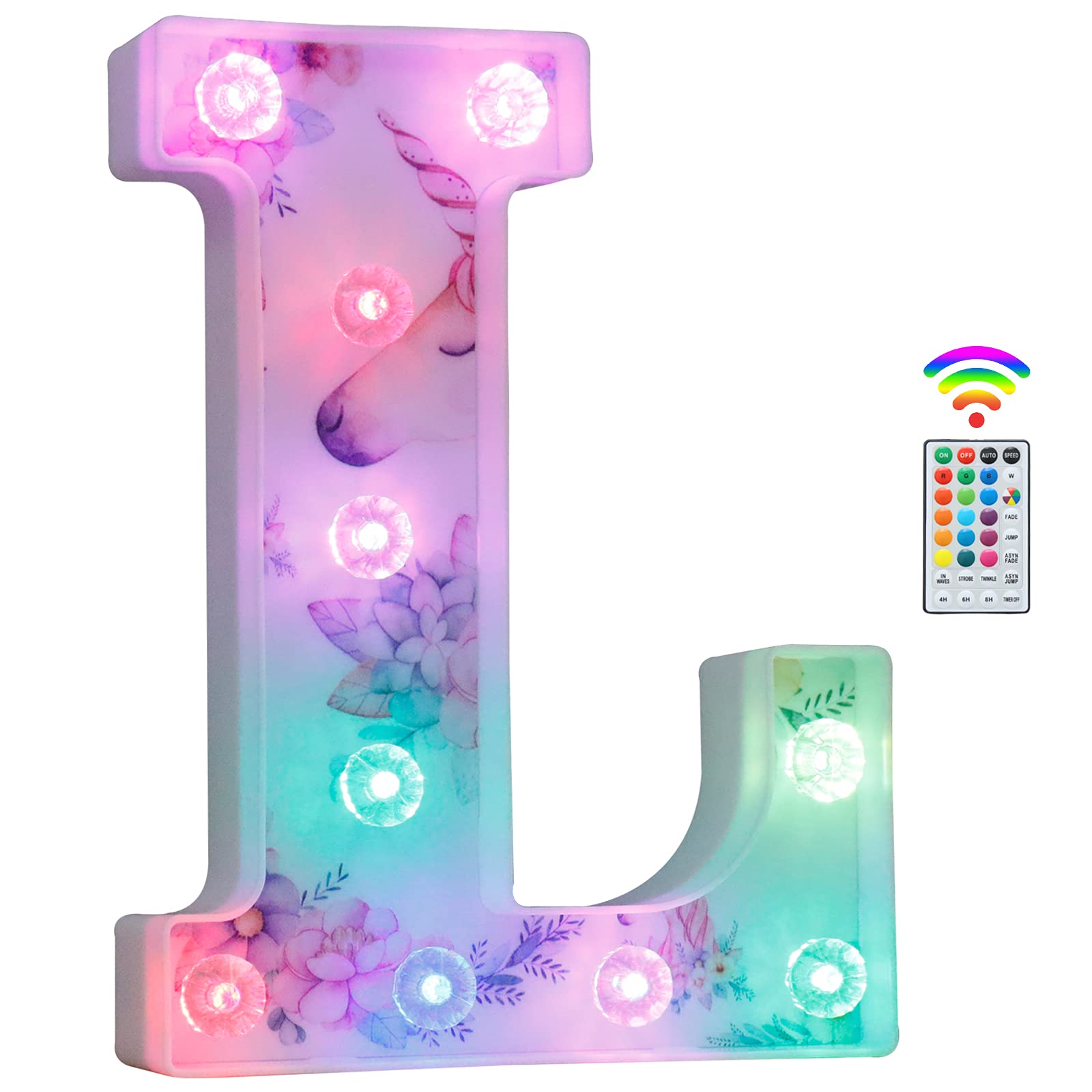 Unicorn Light Up Letters, LED Letter Lights 18 Color Changing Diamond Alphabet Sign Unicorn Gifts for Girls Women Party Birthday Decorations Remote Night Light Christmas Valentine Wall Table Decor - L