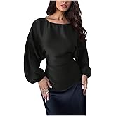 SHENHE Women's Satin Blouse Long Lantern Sleeve Dressy Casual Business Work Blouse Tie Back Top