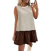 Wenrine Womens Striped Sweatshirt Dress Casual Sleeveless Crewneck Constrast Patchwork Loose Tank Mini Dresses