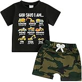 Polinkety Toddler Baby Boy Summer Outfits God Says I Am Strong Truck Tractor T-Shirt Tops Camouflage Shorts Infant Clothes